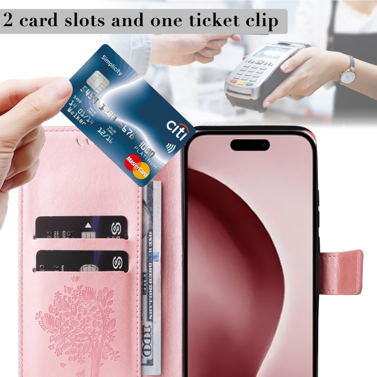 For iPhone 16 Pro Tree & Cat Embossed Pattern Flip Leather Phone Case