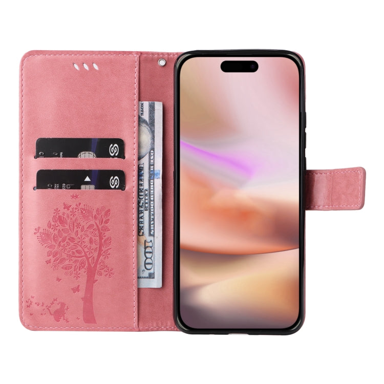 For iPhone 16 Plus Tree & Cat Embossed Pattern Flip Leather Phone Case