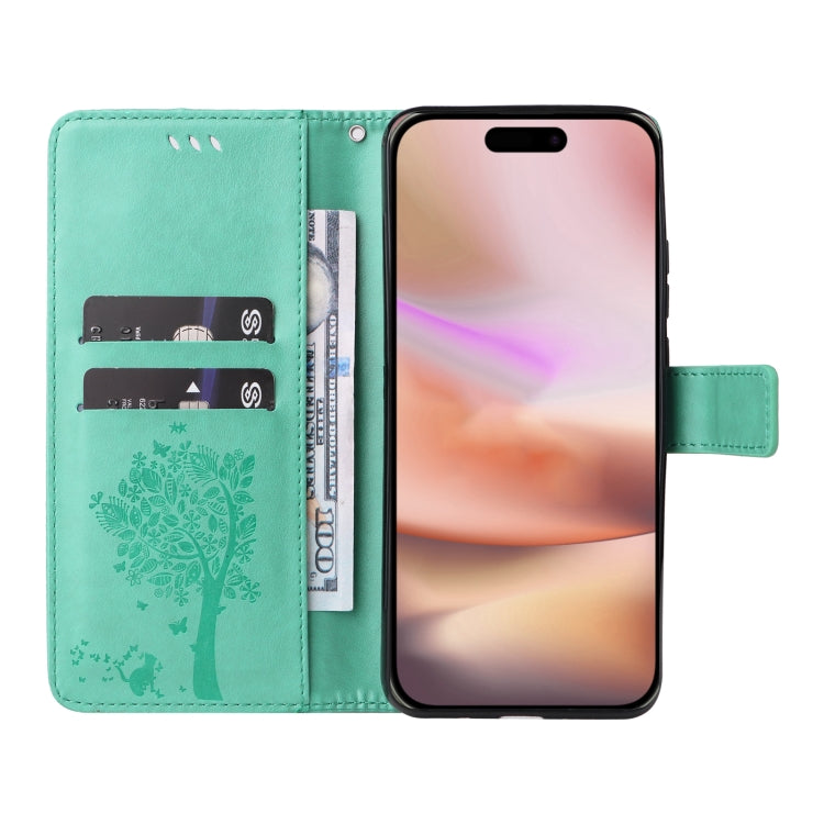 For iPhone 16 Plus Tree & Cat Embossed Pattern Flip Leather Phone Case