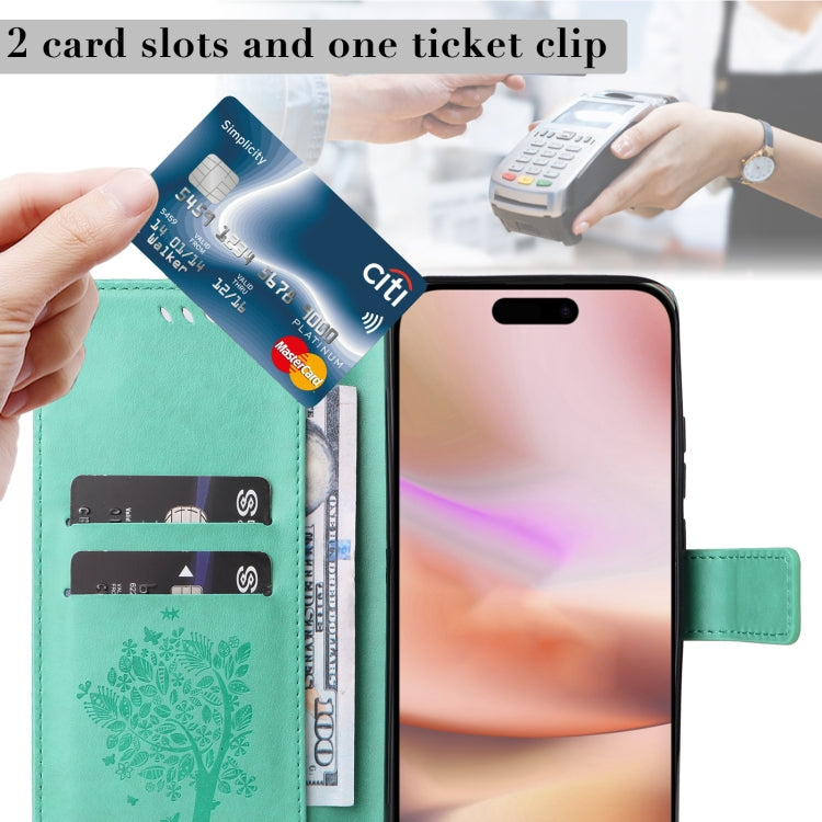For iPhone 16 Plus Tree & Cat Embossed Pattern Flip Leather Phone Case