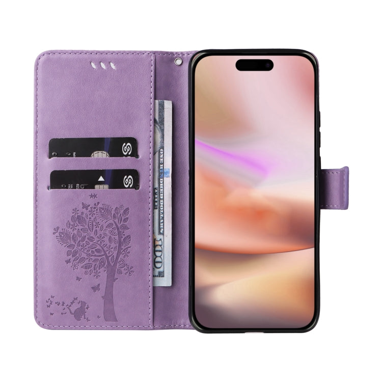 For iPhone 16 Plus Tree & Cat Embossed Pattern Flip Leather Phone Case