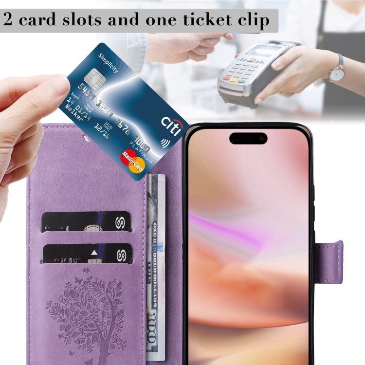 For iPhone 16 Plus Tree & Cat Embossed Pattern Flip Leather Phone Case