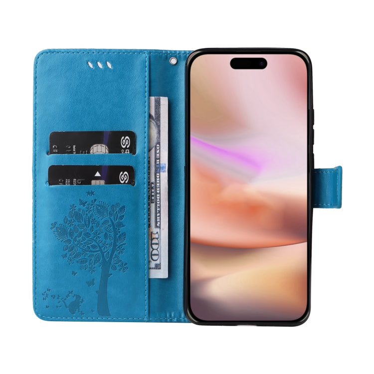 For iPhone 16 Plus Tree & Cat Embossed Pattern Flip Leather Phone Case
