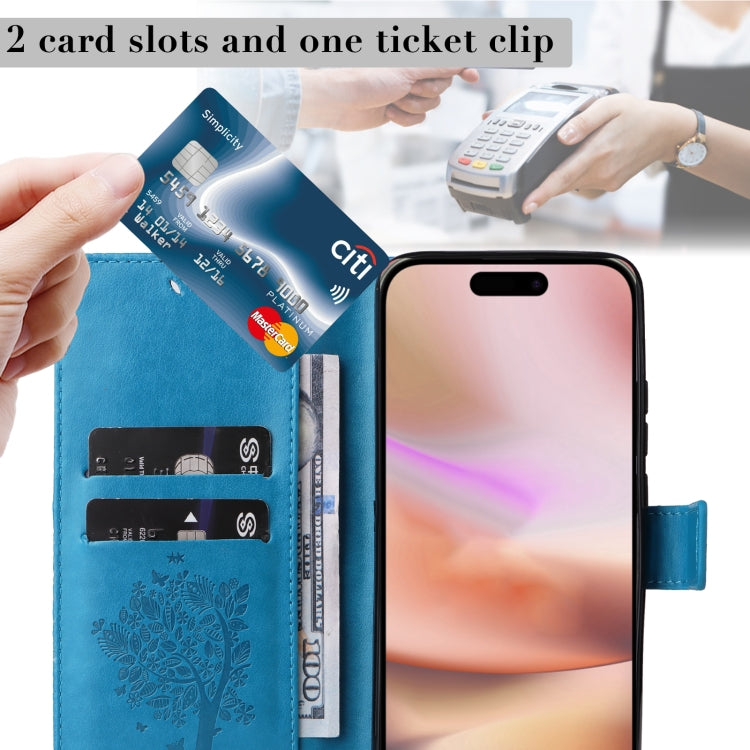 For iPhone 16 Plus Tree & Cat Embossed Pattern Flip Leather Phone Case