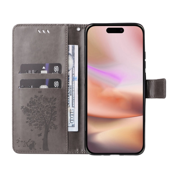 For iPhone 16 Plus Tree & Cat Embossed Pattern Flip Leather Phone Case