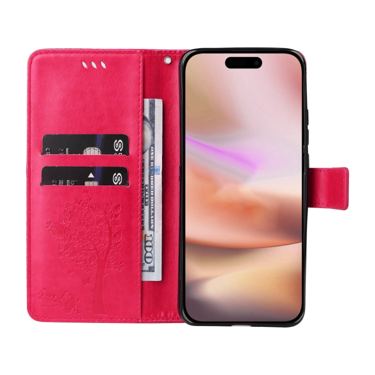 For iPhone 16 Plus Tree & Cat Embossed Pattern Flip Leather Phone Case