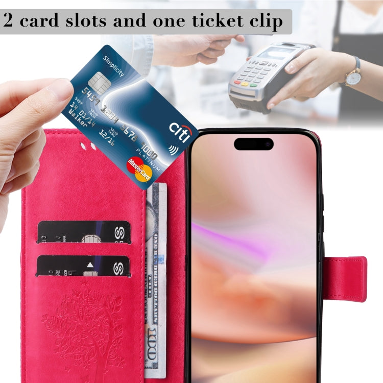 For iPhone 16 Plus Tree & Cat Embossed Pattern Flip Leather Phone Case