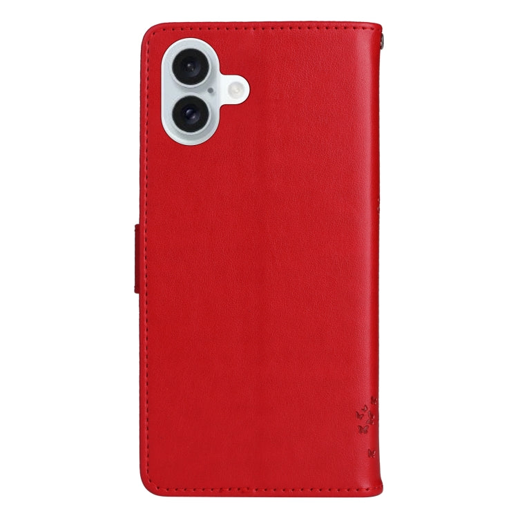 For iPhone 16 Plus Tree & Cat Embossed Pattern Flip Leather Phone Case