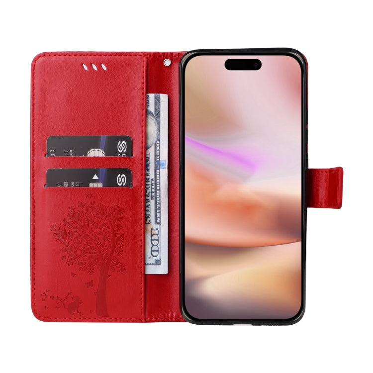 For iPhone 16 Plus Tree & Cat Embossed Pattern Flip Leather Phone Case