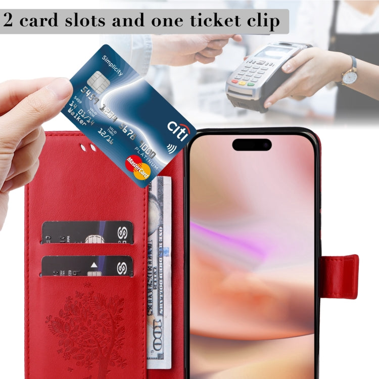 For iPhone 16 Plus Tree & Cat Embossed Pattern Flip Leather Phone Case