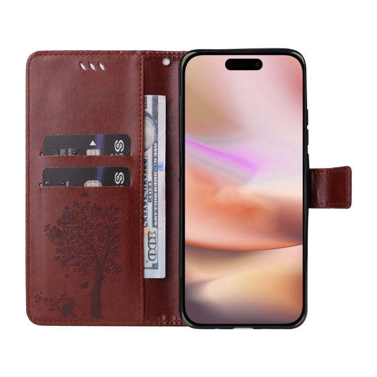 For iPhone 16 Plus Tree & Cat Embossed Pattern Flip Leather Phone Case
