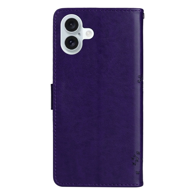 For iPhone 16 Plus Tree & Cat Embossed Pattern Flip Leather Phone Case