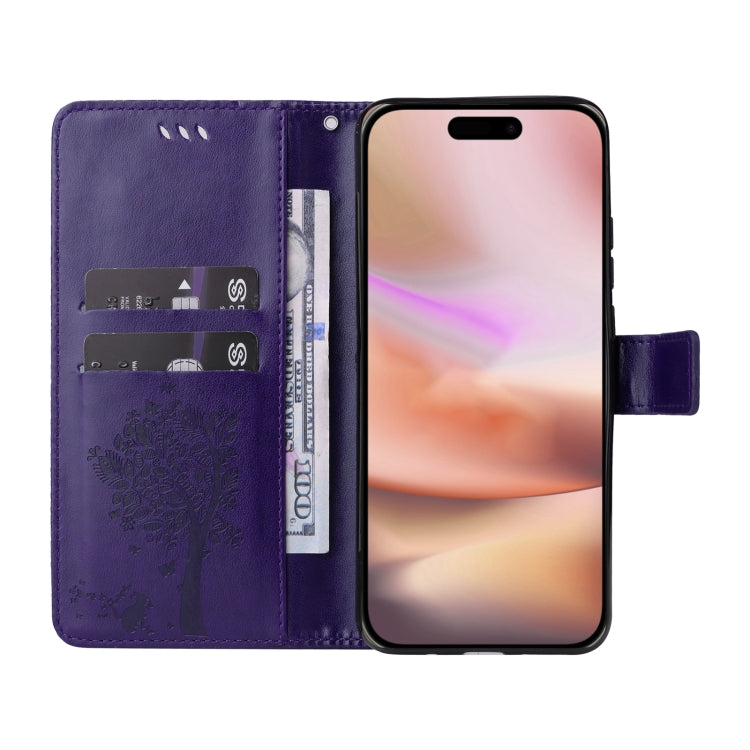For iPhone 16 Plus Tree & Cat Embossed Pattern Flip Leather Phone Case
