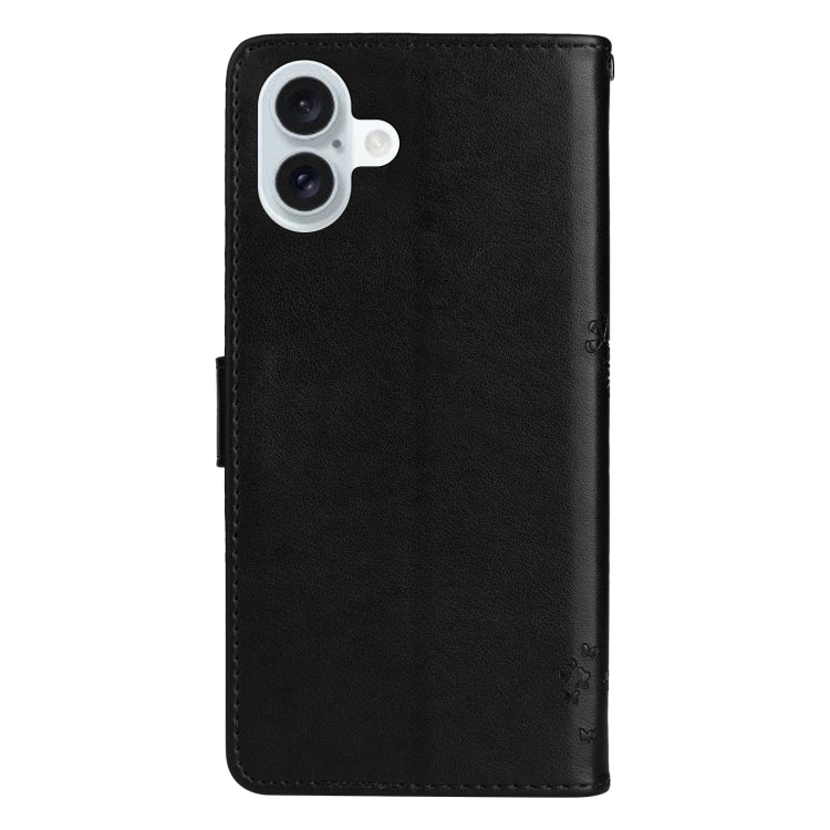 For iPhone 16 Plus Tree & Cat Embossed Pattern Flip Leather Phone Case