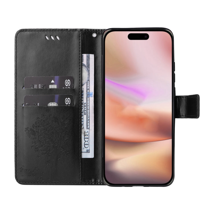 For iPhone 16 Plus Tree & Cat Embossed Pattern Flip Leather Phone Case