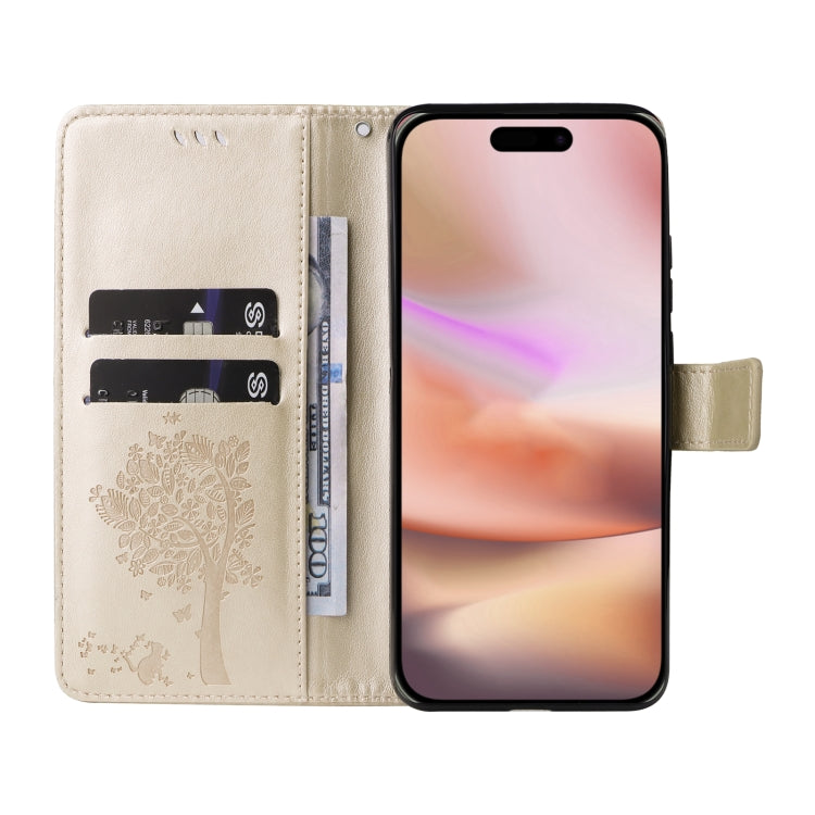 For iPhone 16 Plus Tree & Cat Embossed Pattern Flip Leather Phone Case