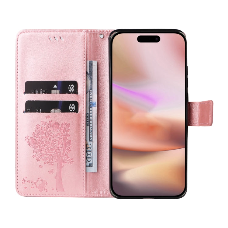 For iPhone 16 Plus Tree & Cat Embossed Pattern Flip Leather Phone Case