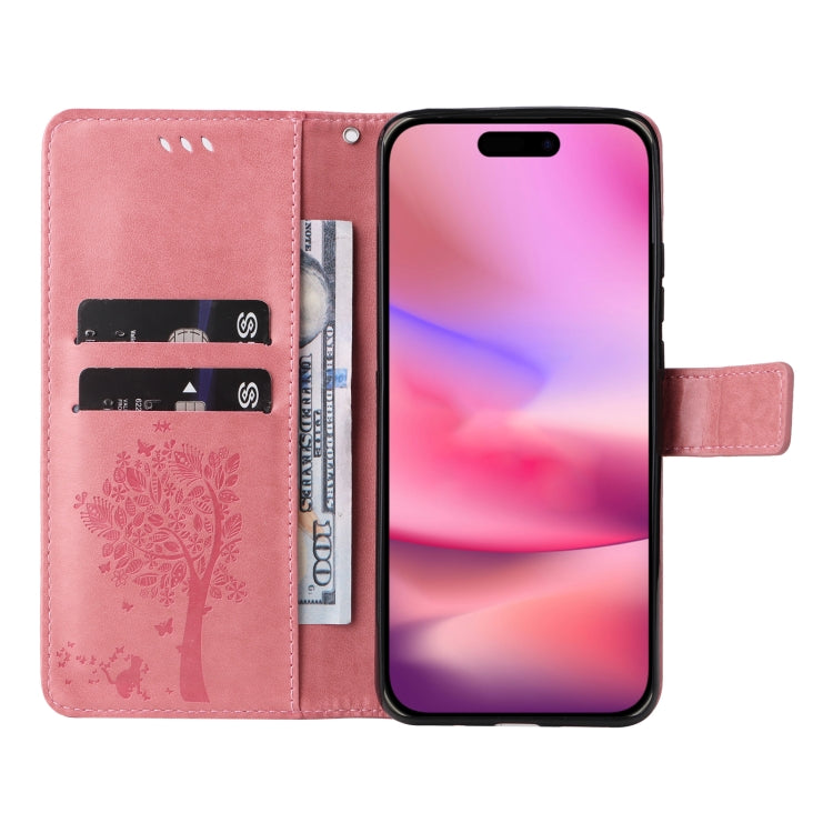 For iPhone 16 Tree & Cat Embossed Pattern Flip Leather Phone Case