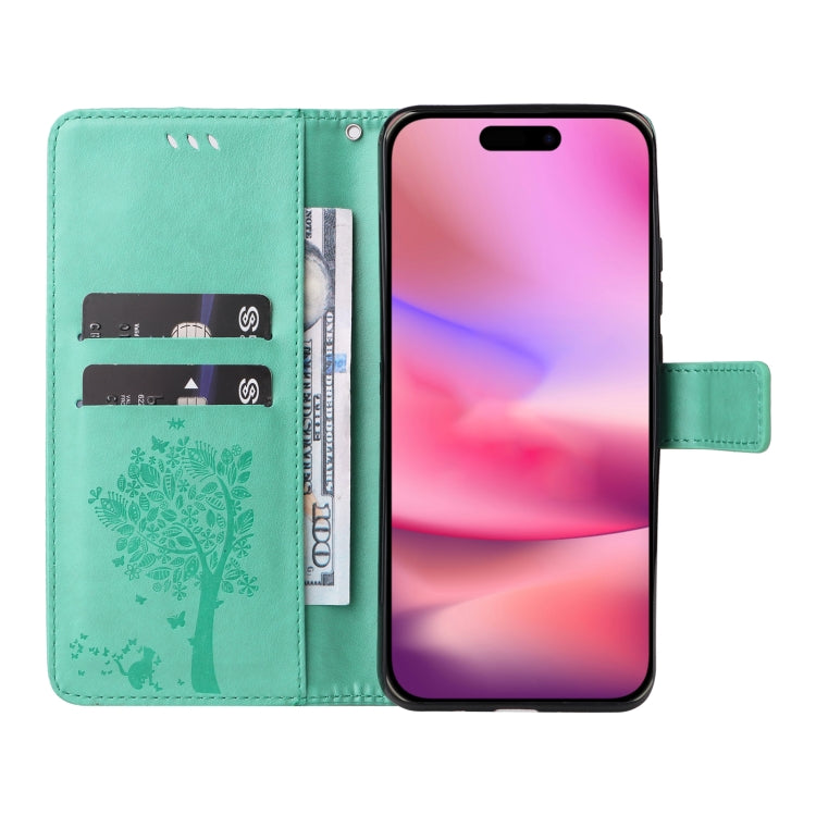 For iPhone 16 Tree & Cat Embossed Pattern Flip Leather Phone Case
