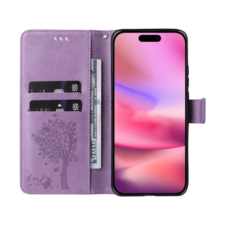 For iPhone 16 Tree & Cat Embossed Pattern Flip Leather Phone Case