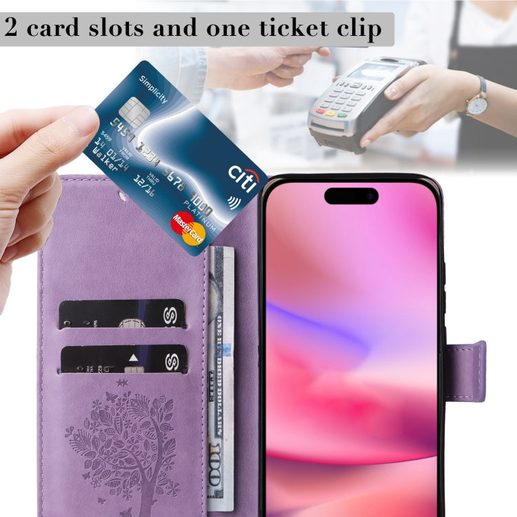 For iPhone 16 Tree & Cat Embossed Pattern Flip Leather Phone Case