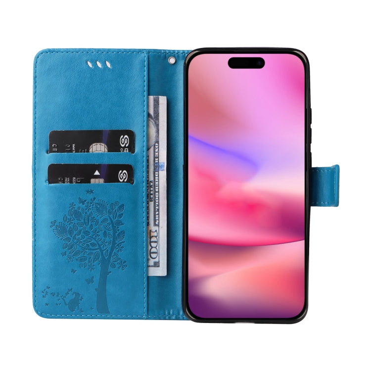 For iPhone 16 Tree & Cat Embossed Pattern Flip Leather Phone Case