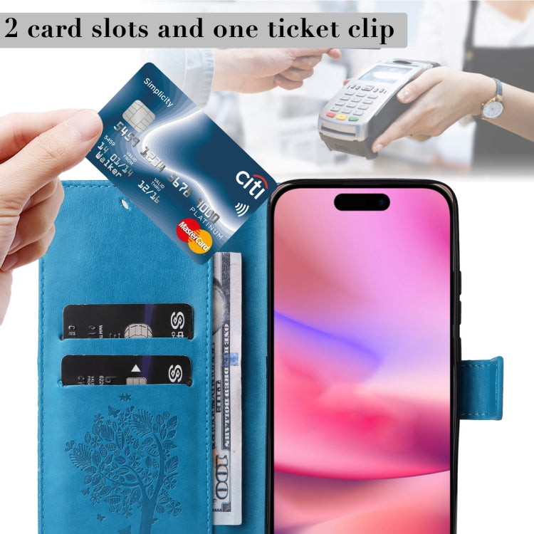 For iPhone 16 Tree & Cat Embossed Pattern Flip Leather Phone Case