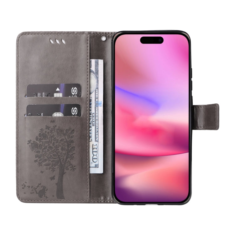For iPhone 16 Tree & Cat Embossed Pattern Flip Leather Phone Case