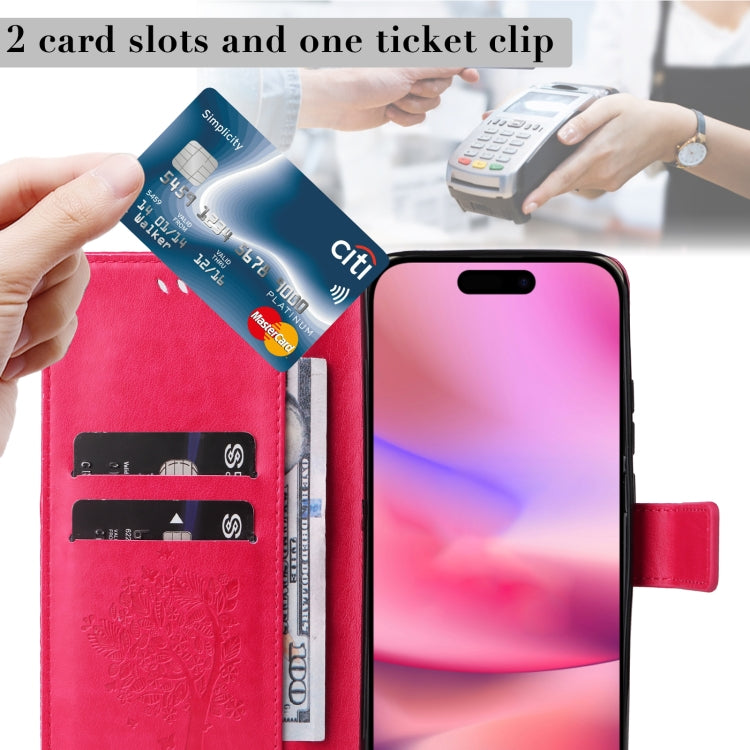 For iPhone 16 Tree & Cat Embossed Pattern Flip Leather Phone Case