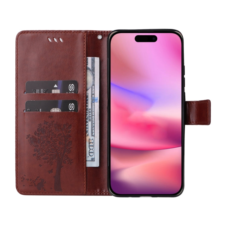 For iPhone 16 Tree & Cat Embossed Pattern Flip Leather Phone Case