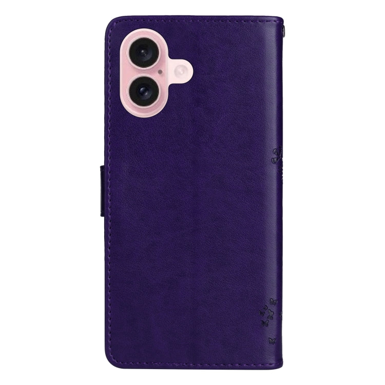 For iPhone 16 Tree & Cat Embossed Pattern Flip Leather Phone Case