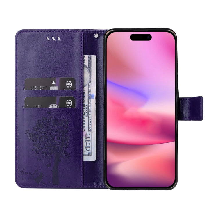 For iPhone 16 Tree & Cat Embossed Pattern Flip Leather Phone Case