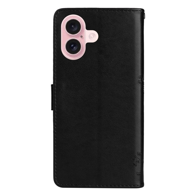 For iPhone 16 Tree & Cat Embossed Pattern Flip Leather Phone Case