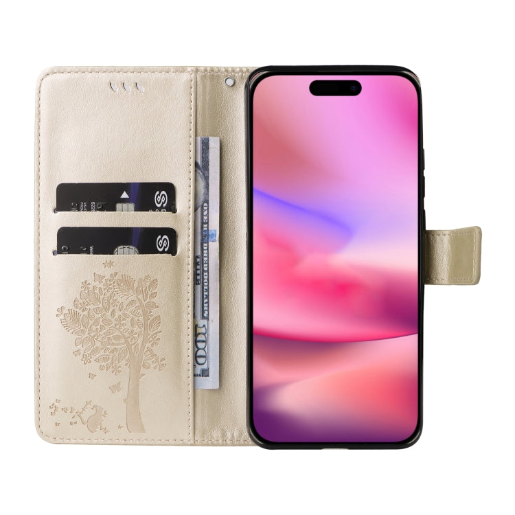 For iPhone 16 Tree & Cat Embossed Pattern Flip Leather Phone Case