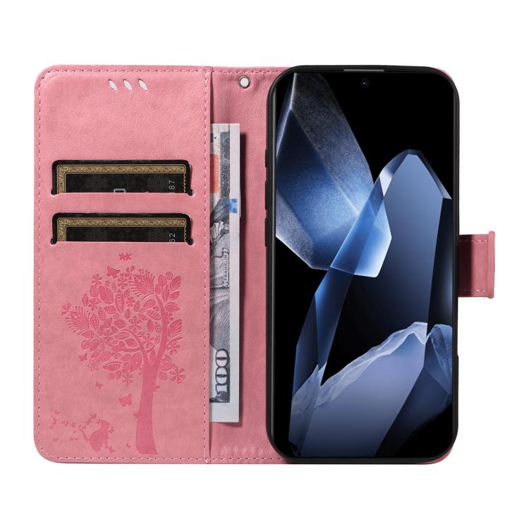 For OnePlus 13 Tree & Cat Embossed Pattern Flip Leather Phone Case