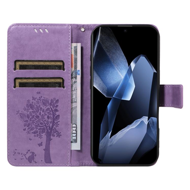 For OnePlus 13 Tree & Cat Embossed Pattern Flip Leather Phone Case