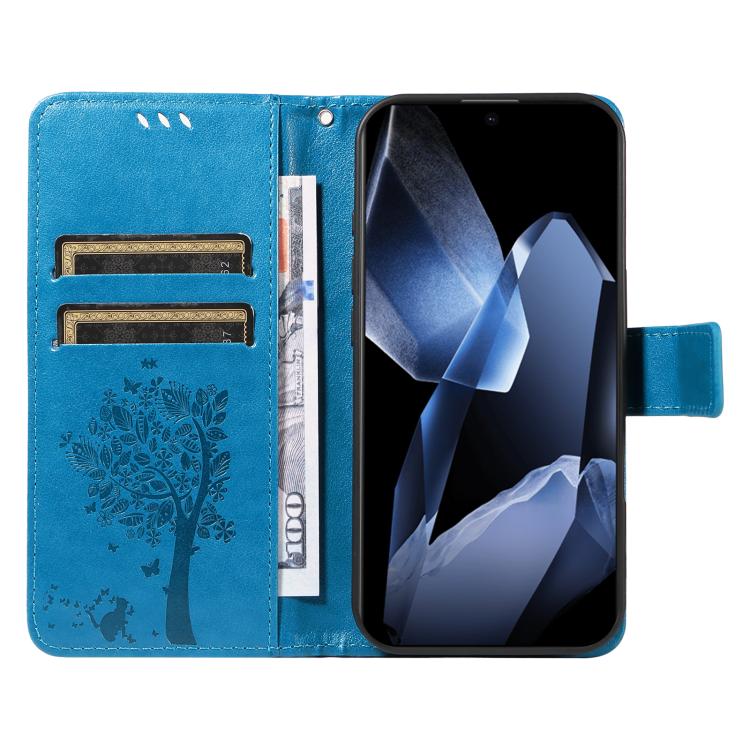 For OnePlus 13 Tree & Cat Embossed Pattern Flip Leather Phone Case