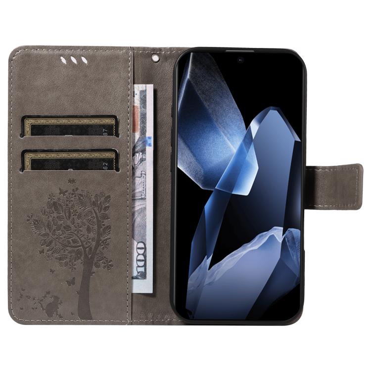 For OnePlus 13 Tree & Cat Embossed Pattern Flip Leather Phone Case