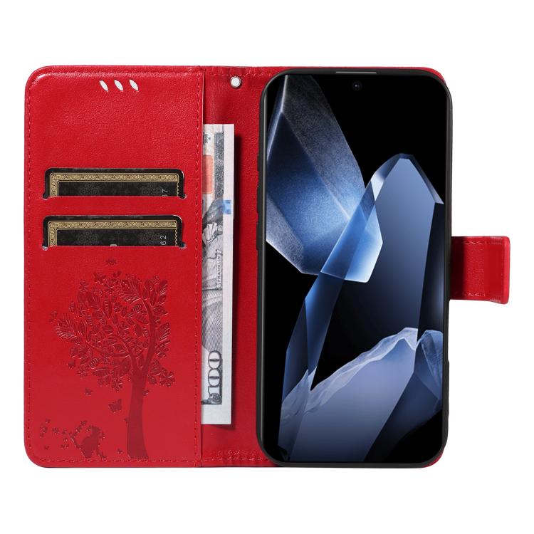 For OnePlus 13 Tree & Cat Embossed Pattern Flip Leather Phone Case