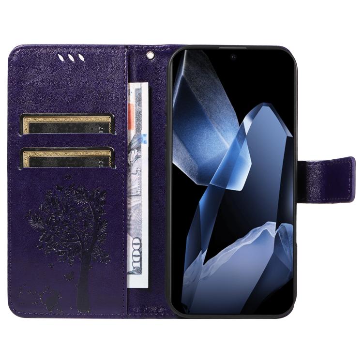 For OnePlus 13 Tree & Cat Embossed Pattern Flip Leather Phone Case
