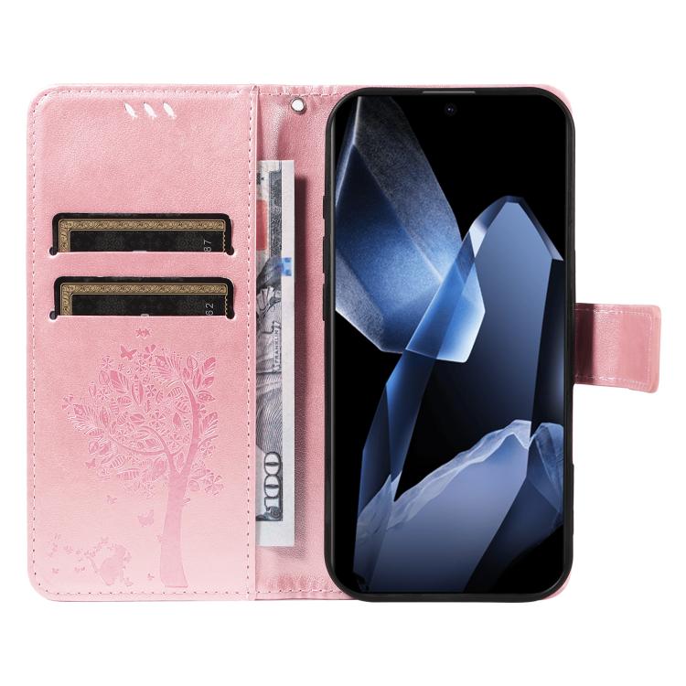 For OnePlus 13 Tree & Cat Embossed Pattern Flip Leather Phone Case