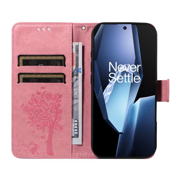 For OnePlus 13R Global Tree & Cat Embossed Pattern Flip Leather Phone Case