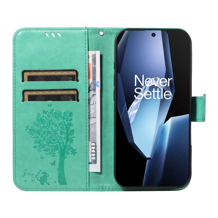 For OnePlus 13R Global Tree & Cat Embossed Pattern Flip Leather Phone Case