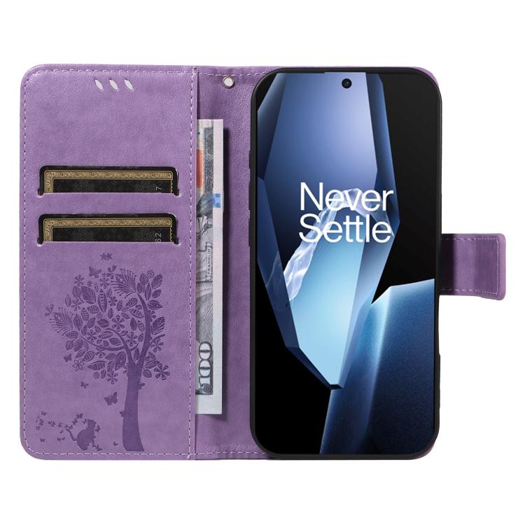 For OnePlus 13R Global Tree & Cat Embossed Pattern Flip Leather Phone Case