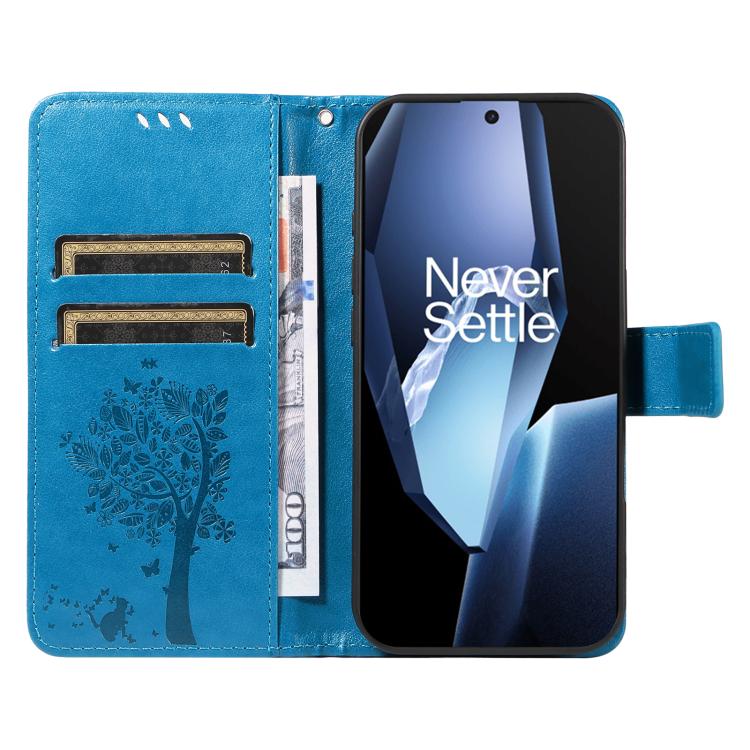 For OnePlus 13R Global Tree & Cat Embossed Pattern Flip Leather Phone Case