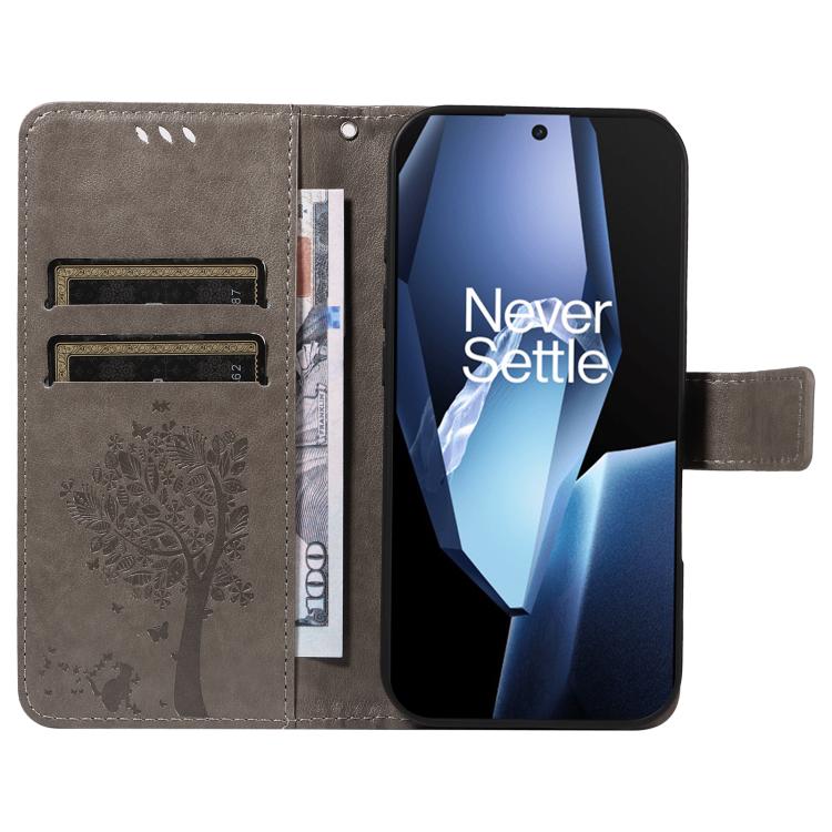 For OnePlus 13R Global Tree & Cat Embossed Pattern Flip Leather Phone Case