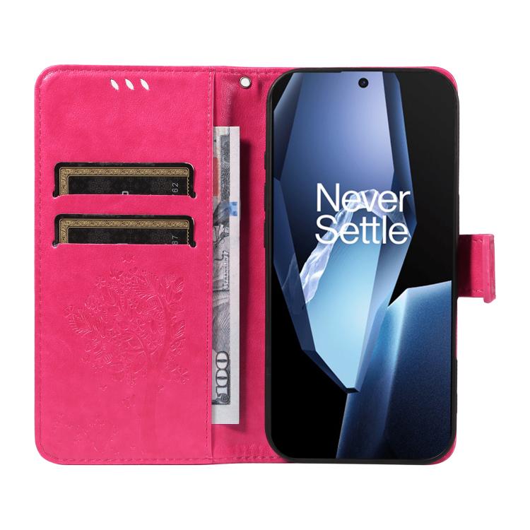 For OnePlus 13R Global Tree & Cat Embossed Pattern Flip Leather Phone Case