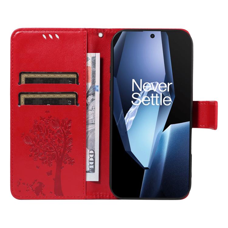 For OnePlus 13R Global Tree & Cat Embossed Pattern Flip Leather Phone Case