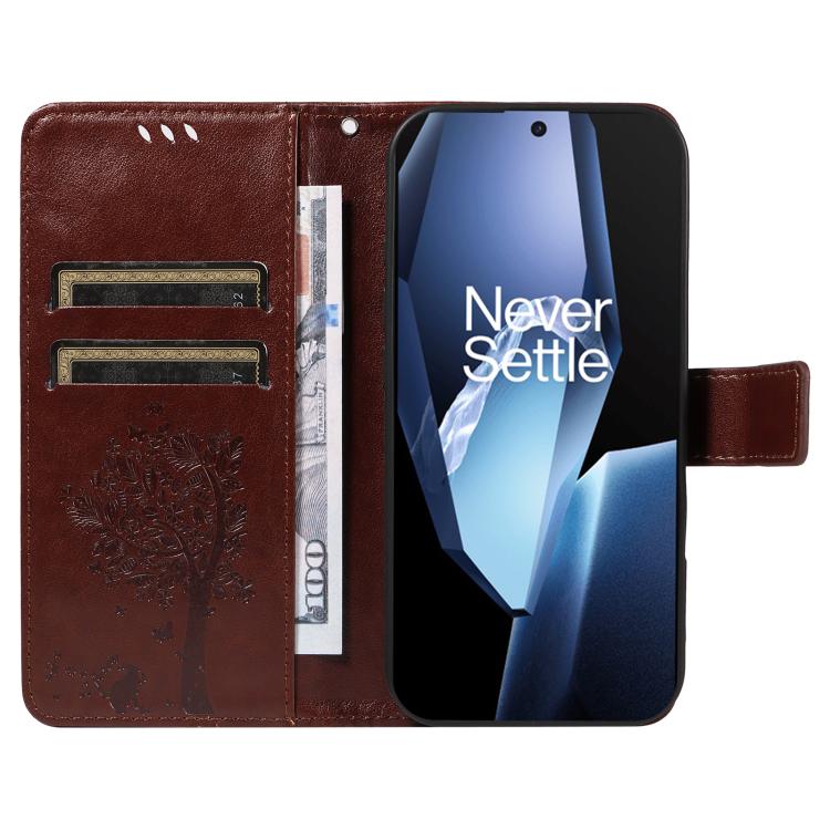 For OnePlus 13R Global Tree & Cat Embossed Pattern Flip Leather Phone Case