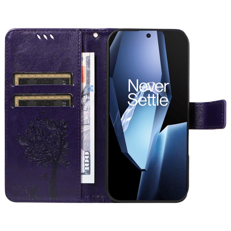 For OnePlus 13R Global Tree & Cat Embossed Pattern Flip Leather Phone Case